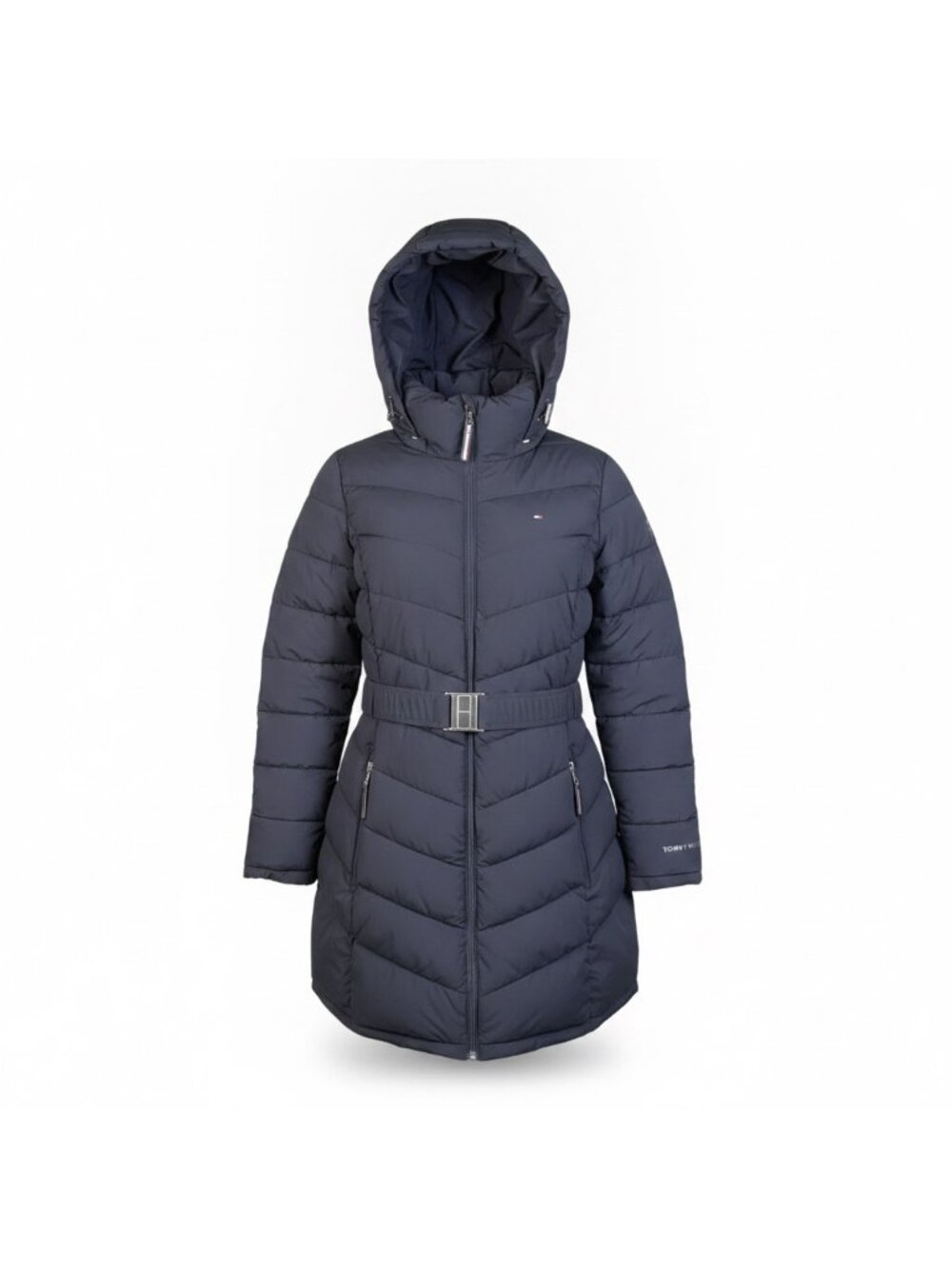 Tommy Hilfiger Womens Black Hooded Puffer Coat Water Resistant Belted Size XL